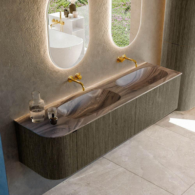 MONDIAZ KURVE-DLUX Meuble de salle de bains 175cm arrondi à gauche couleur Shadow avec 2 tiroirs et 1 porte. Lavabo STOR SMALL Double / Droite sans trou de robinet Sombra.