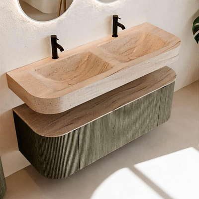 MONDIAZ THOR-DLUX 130cm meuble de salle de bains arrondi gauche + droite couleur Shadow avec 1 tiroir et 2 portes. Vasque suspendue CLOUD Double 2 trous de robinet couleur Saba.