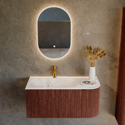 Mondiaz KURVE-DLUX Ensemble de meuble salle de bain - 95x46x40cm - 1 tiroir - 1 porte - lavabo en solid surface - gauche - 1 trou de robinet - Ruby