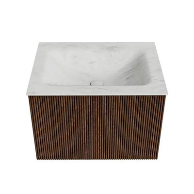 MONDIAZ KURVE-DLUX Meuble de salle de bains 60 cm couleur Walnut avec 1 tiroir. Lavabo CLOUD central sans trou de robinet couleur Opalo.