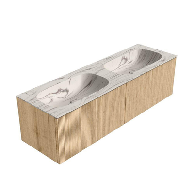 MONDIAZ KURVE-DLUX Meuble de salle de bains 150cm couleur chêne avec 2 tiroirs et 0 portes. Lavabo STOR SMALL Double 2 trous de robinet Nata.