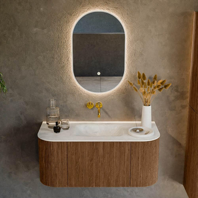 MONDIAZ KURVE-DLUX 100cm Meuble salle de bain avec module 25 G et D - couleur Walnut - 1 tiroir - 2 portes - vasque GRUNNE centre - sans trou de robinet - couleur Opalo