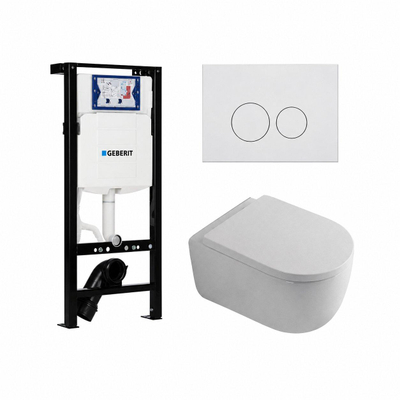 QeramiQ Dely Swirl Pack WC - 36,3x51,7cm - réservoir encastré Geberit UP320 - assise de 35mm - plaque de déclenchement blanche brillante - boutons ronds - blanc mat
