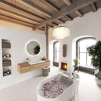 MONDIAZ BUKLA meuble de salle de bain 160cm avec module 40 couleur Chêne blanchi avec 3 tiroirs. Lavabo CLOUD milieu 0 trous de robinet couleur Talc.