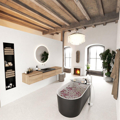 MONDIAZ BUKLA 200cm badmeubel met module 60 kleur Washed Oak met 3 lades. Wastafel CLOUD midden 0 kraangaten kleur Urban.