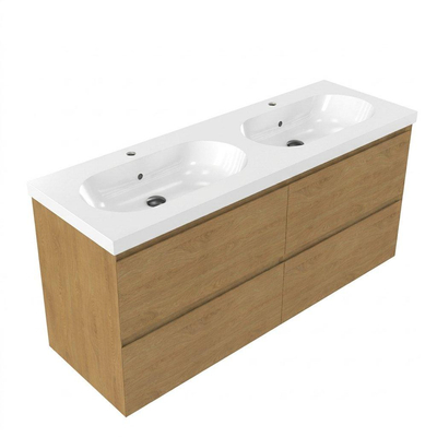 Saniclass Holz Pure Badkamermeubelset - 140x45x63.5cm - Palermo keramische wastafel wit - 2 wasbakken - 2 kraangaten - 4 lades - mat eiken natural (hout)