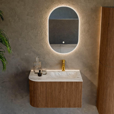 MONDIAZ KURVE-DLUX 75cm Meuble salle de bain avec module 25 G - couleur Walnut - 1 tiroir - 1 porte - vasque GRUNNE droite - 1 trou de robinet - couleur Glace