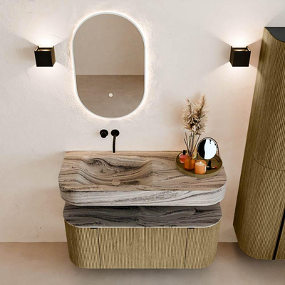 MONDIAZ THOR-DLUX 110cm badmeubel ronding links + rechts kleur Dusk met 1 lade en 2 deuren. Vrijhangende wastafel CLOUD Links zonder kraangat kleur Sombra.