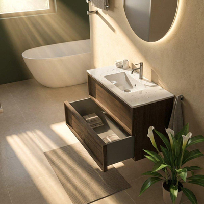 Saniclass Holz Frame Ensemble de meubles de salle de bains - 100x45x62cm - lavabo Vygo en céramique blanc - 1 vasque - 1 trou de robinet - 2 tiroirs - chêne charcoal mat (bois)