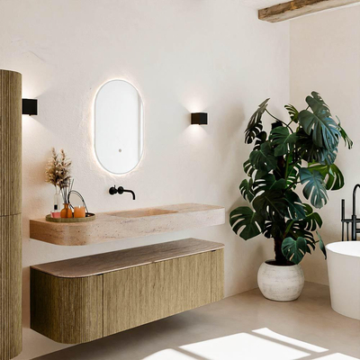 MONDIAZ THOR-DLUX 150cm meuble de salle de bains arrondi gauche + droite couleur Dusk avec 1 tiroir et 2 portes. Vasque suspendue CLOUD Milieu sans trou de robinet couleur Saba.