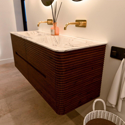 Mondiaz CIRO-DLUX Badkamermeubelset - 130x45x50cm - Solid surface wastafel Glace - 2 wasbak Dubbel - zonder kraangaten - 4 lades - Ruby