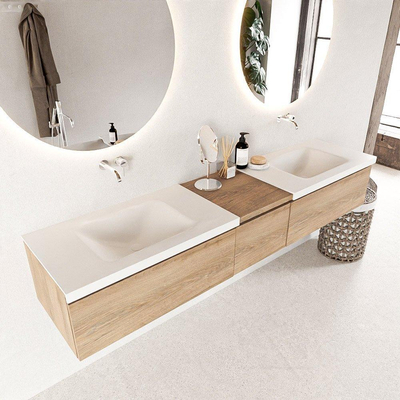 Mondiaz bukla ensemble de meubles de bain 200x45x34cm 0 robinetterie 2 lavabos surface solide talc sans poignée 3 tiroirs avec fermeture douce mélamine chêne lavé