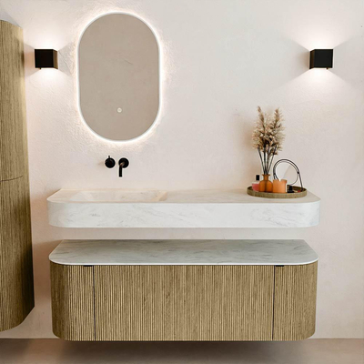 MONDIAZ THOR-DLUX 140cm meuble de salle de bains arrondi gauche + droite couleur Dusk avec 1 tiroir et 2 portes. Vasque suspendue CLOUD Gauche sans trou de robinet couleur Opalo.