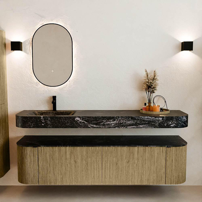 MONDIAZ THOR-DLUX 180cm meuble de salle de bains arrondi gauche + droite couleur Dusk avec 2 tiroirs et 2 portes. Vasque suspendue CLOUD Gauche 1 trou de robinet couleur Lava.