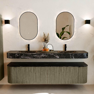 MONDIAZ THOR-DLUX 190cm meuble de salle de bains arrondi gauche + droite couleur Shadow avec 2 tiroirs et 2 portes. Vasque suspendue CLOUD Double 2 trous de robinet couleur Lava.