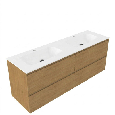 Saniclass Holz Pure Ensemble de meubles de salle de bains - 160x45x61.5cm - Vasque Flow en solid surface blanc - 2 vasques - 2 trous de robinet - 4 tiroirs - chêne natural mat (bois)