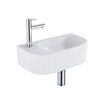 QeramiQ Fuente Ensemble de Lavabo - 40x21.5x12cm - gauche - strié - demi-rond - 1 trou de robinet - céramique - ensemble de robinet chrome - bouchon de vidange - siphon réduit - blanc mat