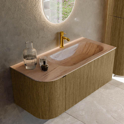 MONDIAZ KURVE-DLUX meuble de salle de bains 105cm courbure gauche couleur Dusk avec 1 tiroir et 1 porte. Vasque BIG SMALL droite 1 trou de robinetterie Saba.