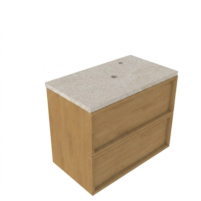 Saniclass Holz Frame Ensemble meuble de salle de bains - 80x45x63cm - Plan en pierre naturelle travertin - 1 trou de robinetterie - 2 tiroirs - chêne naturel mat (bois)
