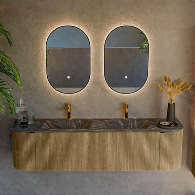 Mondiaz KURVE-DLUX Badkamermeubelset - 170x46x40cm - 1 lade - 2 deuren - wastafel solid surface - dubbel - 2 kraangaten - Dusk