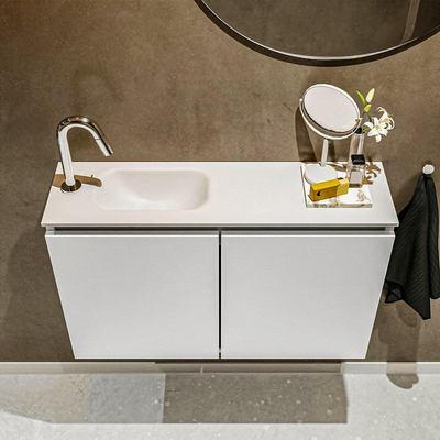 MONDIAZ TURE Toiletmeubel 80x23x50cm met 1 kraangaten 2 deuren talc mat Wastafel Eden links Solid Surface Wit