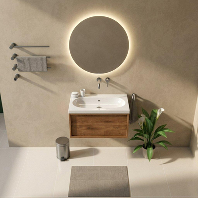 Saniclass Holz Frame Ensemble de meuble de salle de bains - 80x45x43.5cm - lavabo Palermo en céramique blanc - 1 vasque - sans trou de robinetterie - 1 tiroir - chêne natural mat (bois)