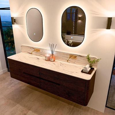 Mondiaz CIRO-DLUX Ensemble de meubles de salle de bains - 190x45x50cm - Plan vasque solid surface Nata - 2 vasques double - sans trous de robinet - 4 tiroirs - Noyer