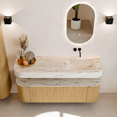 MONDIAZ THOR-DLUX 150cm badmeubel ronding links + rechts kleur Oak met 1 lade en 2 deuren. Vrijhangende wastafel CLOUD Rechts zonder kraangat kleur Nata.