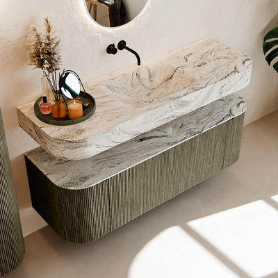 MONDIAZ THOR-DLUX Meuble de salle de bains 140cm arrondi gauche + droite couleur Shadow avec 1 tiroir et 2 portes. Vasque suspendue CLOUD Milieu sans trou de robinet couleur Glace.