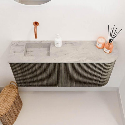 Mondiaz JOYA-DLUX 91.6cm toiletmeubel - ronding rechts kleur Shadow - Wastafel FAYE positie Links Zonder kraangat kleur Glace.