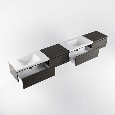 MONDIAZ BUKLA 280cm ensemble de meuble avec module 60 gauche couleur Marron Foncé avec 4 tiroirs. Lavabo CLOUD double 2 trous de robinet couleur Talc.