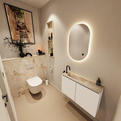 MONDIAZ TURE-DLUX Meuble toilette - 80cm - Talc - EDEN - vasque Frappe - position gauche - 1 trou de robinet