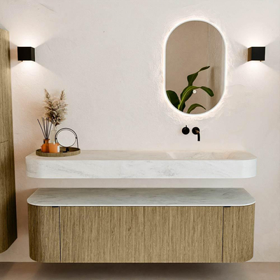 MONDIAZ THOR-DLUX 160cm meuble de salle de bains arrondi gauche + droite couleur Dusk avec 1 tiroir et 2 portes. Vasque suspendue CLOUD Droite sans trou de robinet couleur Opalo.