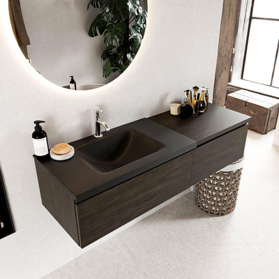 MONDIAZ BUKLA Meuble de salle de bains 140 cm avec module 60 couleur Dark Brown avec 2 tiroirs. Lavabo CLOUD gauche 1 trou de robinet couleur Urban.