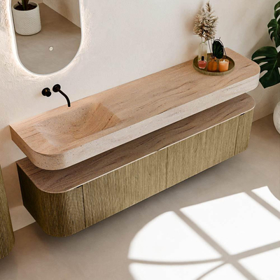 MONDIAZ THOR-DLUX 190cm meuble de salle de bains arrondi gauche + droite couleur Dusk avec 2 tiroirs et 2 portes. Vasque suspendue CLOUD Gauche sans trou de robinet couleur Saba.