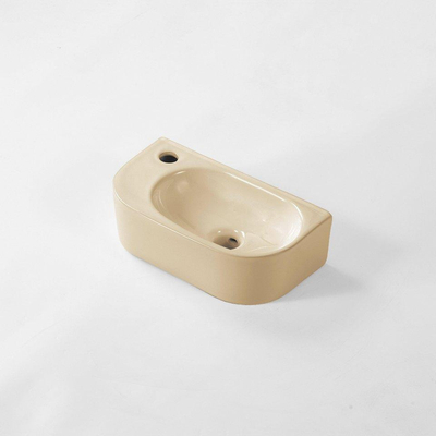 Fugaflow Efficiente Pietra Ensemble de fontaine - 40x21,5x12cm - gauche - lisse - demi-rond - 1 trou de robinet - céramique - robinet de fontaine cuivre brossé - bouchon de vidange - siphon abaissé - beige