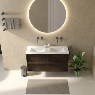 Saniclass Holz Frame Ensemble de meubles de salle de bains - 120x45x62cm - lavabo Vygo en céramique blanc - 2 vasques - sans trous de robinetterie - 2 tiroirs - chêne charbon mat (bois)