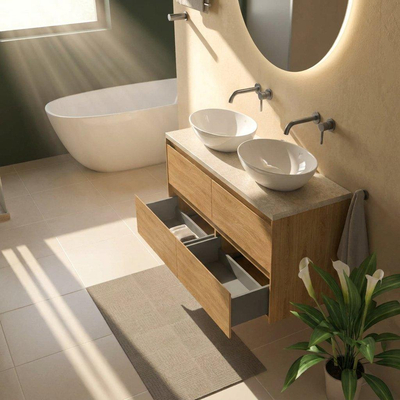 Saniclass Holz Pure Ensemble de meubles de salle de bains - 120x45x63cm - Plan de travail en pierre naturelle travertin - sans trou de robinet - 4 tiroirs - chêne natural mat (bois)