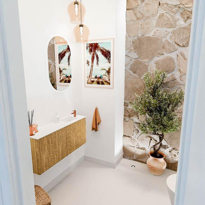 Mondiaz JOYA 90cm toiletmeubel - kleur Oak - Wastafel FAYE positie Rechts 1 kraangat kleur Talc.