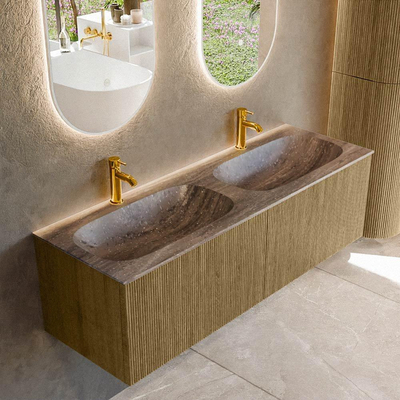 MONDIAZ KURVE-DLUX Meuble de salle de bains 140cm couleur Dusk avec 2 tiroirs et 0 portes. Lavabo STOR SMALL Double 2 trous de robinet Oza.