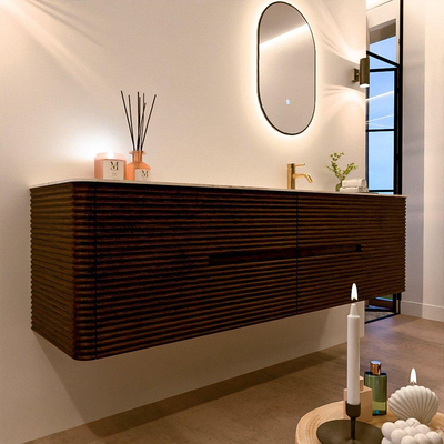 Mondiaz CIRO-DLUX Meuble de salle de bains - 180x45x50cm - Plan vasque solid surface Ostra - 1 lavabo à droite - 1 trou de robinetterie - 4 tiroirs - Noyer