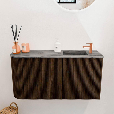 Mondiaz JOYA-DLUX 81.6cm toiletmeubel - ronding links kleur Walnut - Wastafel FAYE positie Rechts 1 kraangat kleur Sombra.