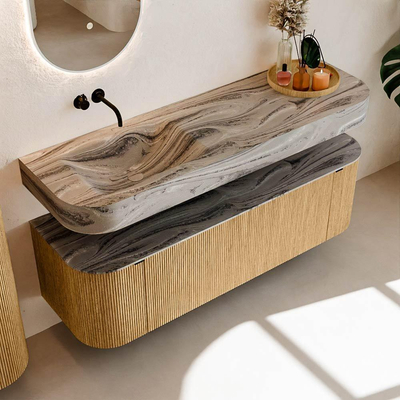 MONDIAZ THOR-DLUX 150cm badmeubel ronding links + rechts kleur Oak met 1 lade en 2 deuren. Vrijhangende wastafel CLOUD Links zonder kraangat kleur Sombra.