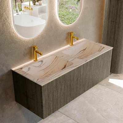 MONDIAZ KURVE-DLUX Meuble de salle de bains 120cm couleur Shadow avec 1 tiroir et 0 porte. Lavabo LEAF Double 2 trous de robinet Nata.