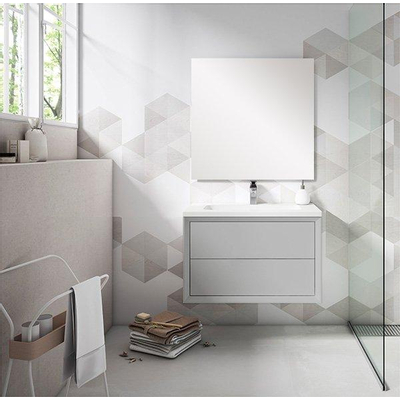 Adema Prime Core Ensemble de meuble - 80x50x45cm - 1 vasque ovale en céramique Blanc - 1 trous de robinet - 2 tiroirs - avec miroir rectangulaire - Greige mat (gris)