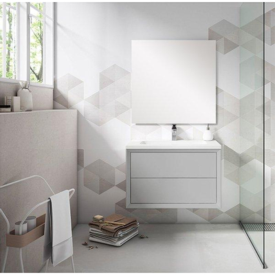 Saniclass Prime Core Meuble de salle de bain - 80x50x45cm - 1 vasque rectangulaire en céramique blanc - 1 trou de robinet - 2 tiroirs - miroir rectangulaire - mat greige (gris)