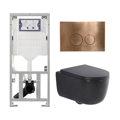 QeramiQ Dely Swirl Toiletset - 36.3x51.7cm - Geberit UP320 inbouwreservoir - met Burda frame - 35mm zitting - koperen bedieningsplaat - ronde knoppen - mat zwart