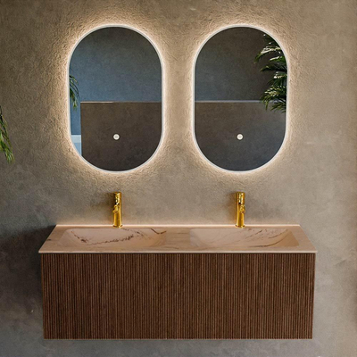 MONDIAZ KURVE-DLUX Meuble de salle de bains 120 cm couleur Walnut avec 1 tiroir et 0 porte. Lavabo LEAF Double 2 trous de robinet Arena.