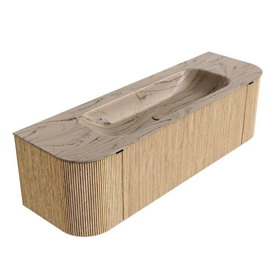 MONDIAZ KURVE-DLUX 150cm badmeubel ronding Links + Rechts kleur Oak met 1 lade en 2 deuren. Wastafel BIG MEDIUM Midden 1 kraangat Arena.