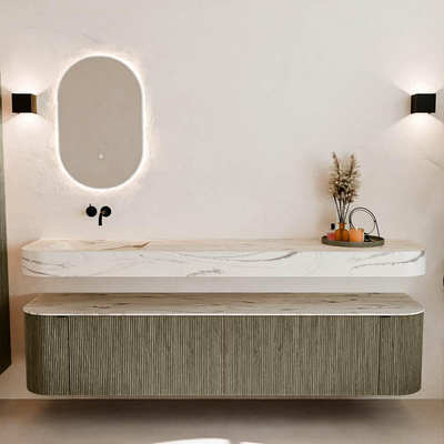 MONDIAZ THOR-DLUX 200cm meuble de salle de bains arrondi gauche + droite couleur Shadow avec 2 tiroirs et 2 portes. Vasque suspendue CLOUD Gauche sans trou de robinet couleur Nata.